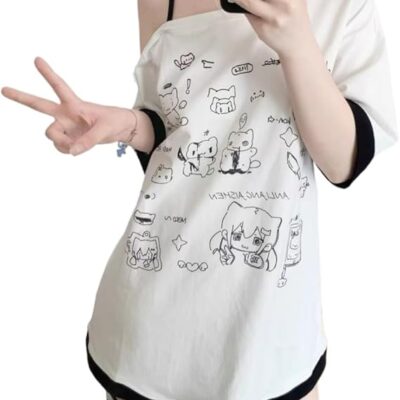 Y2k Harajuku Cartoon Print T Shirts Women Japanese Fashion Kawaii Off Shoulder T Shirt Aesthetic Cute Graphic Tees Tops