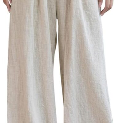 Women's Linen Wide Leg Long Pants Casual Elastic Waist Summer Palazzo Trousers with Pockets