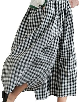chouyatou Women's Cotton Linen Pants Elastic Waist Plaid Gingham Wide Leg Capri Palazzo Pants