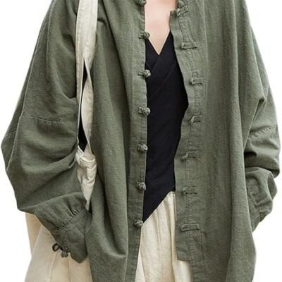 Women's Linen Oversized Blouses Vintage Long Sleeve Jackets Loose fit Chinese Frog Shirts