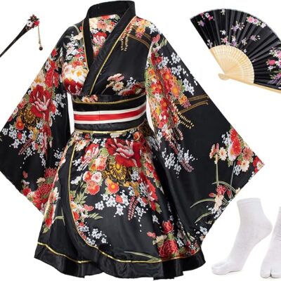 Japanese Anime Women's Dance Kimono Robe Fancy Dress Hand Held Silk Folding Fans Tabi Hairstick Socks Set